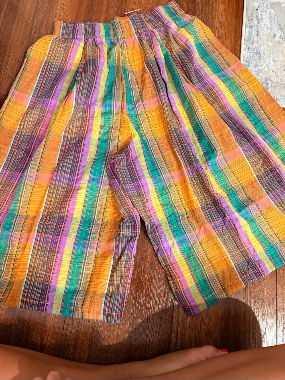 Free People Multicolor Plaid Elastic-Waist Bermudas - Orange, Green & Purple